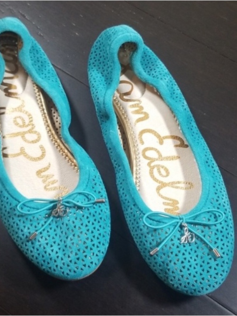 Sam Edelman Felicia perforated suede teal ballet flats with bow size 9